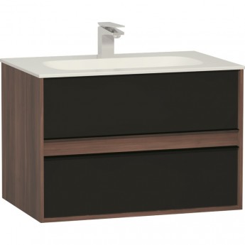 Тумба VITRA METROPOLE 80 см с раковиной INFINIT из искусственного камня, c 2-мя ящиками, цвет сливовое дерево, фасад черное акриловое стекло